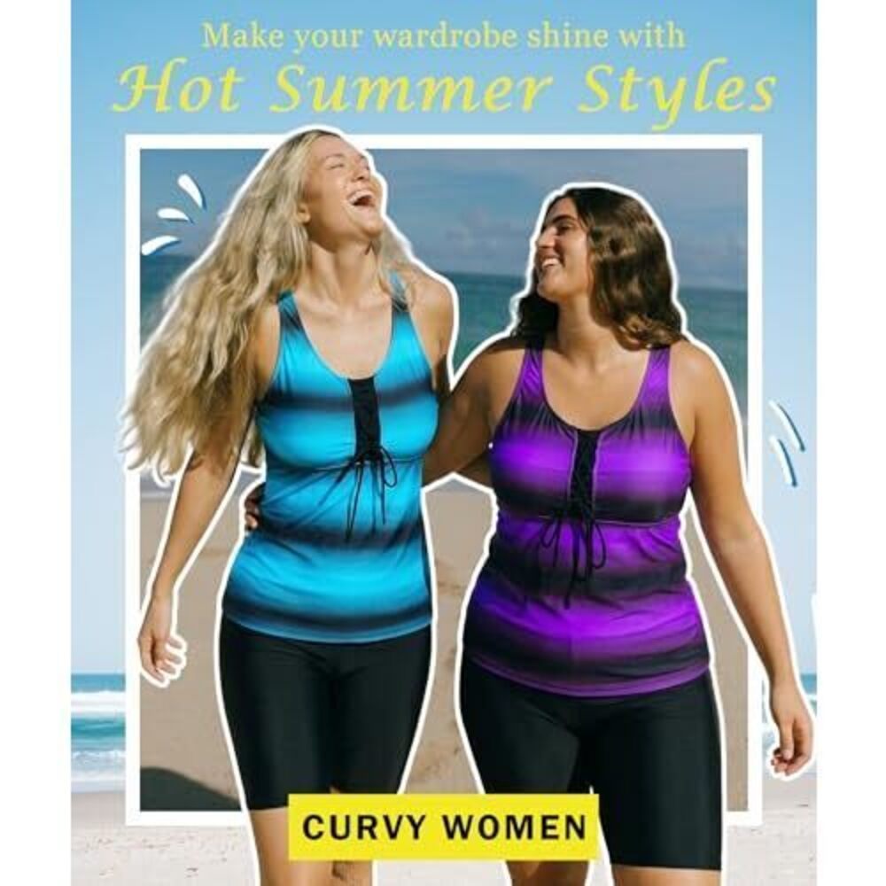 Womens 2026 Plus Size Tankini Swimsuits Rash Guard Capris Athletic Two Piece - Picture 4 of 5